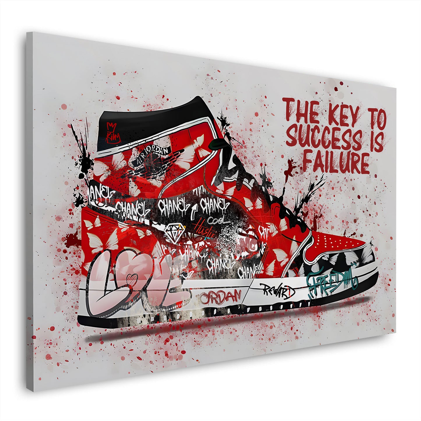 Wandbild Kunstwerk Pop Art Sneaker mit Zitat Erfolg und Basketball Sport