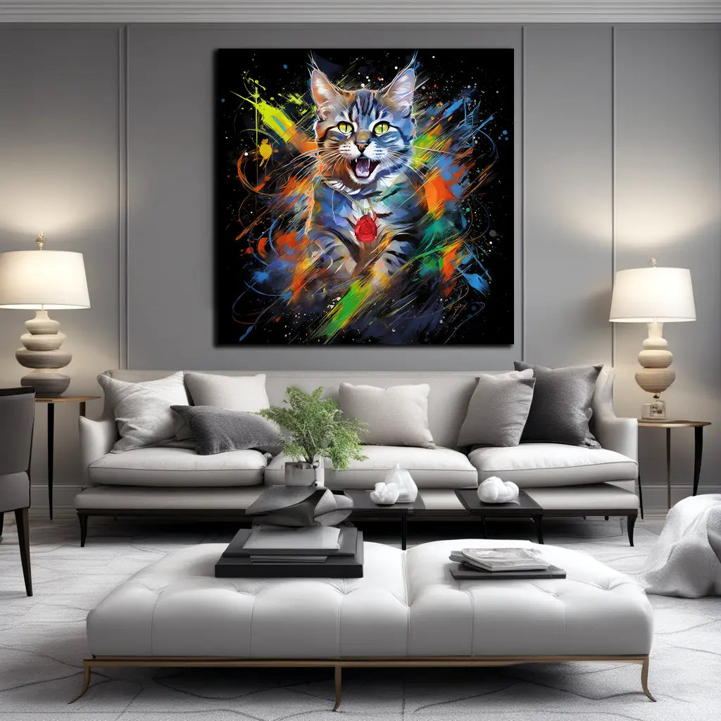 Wandbild Kunstwerk Pop Art Splash Katze farbig