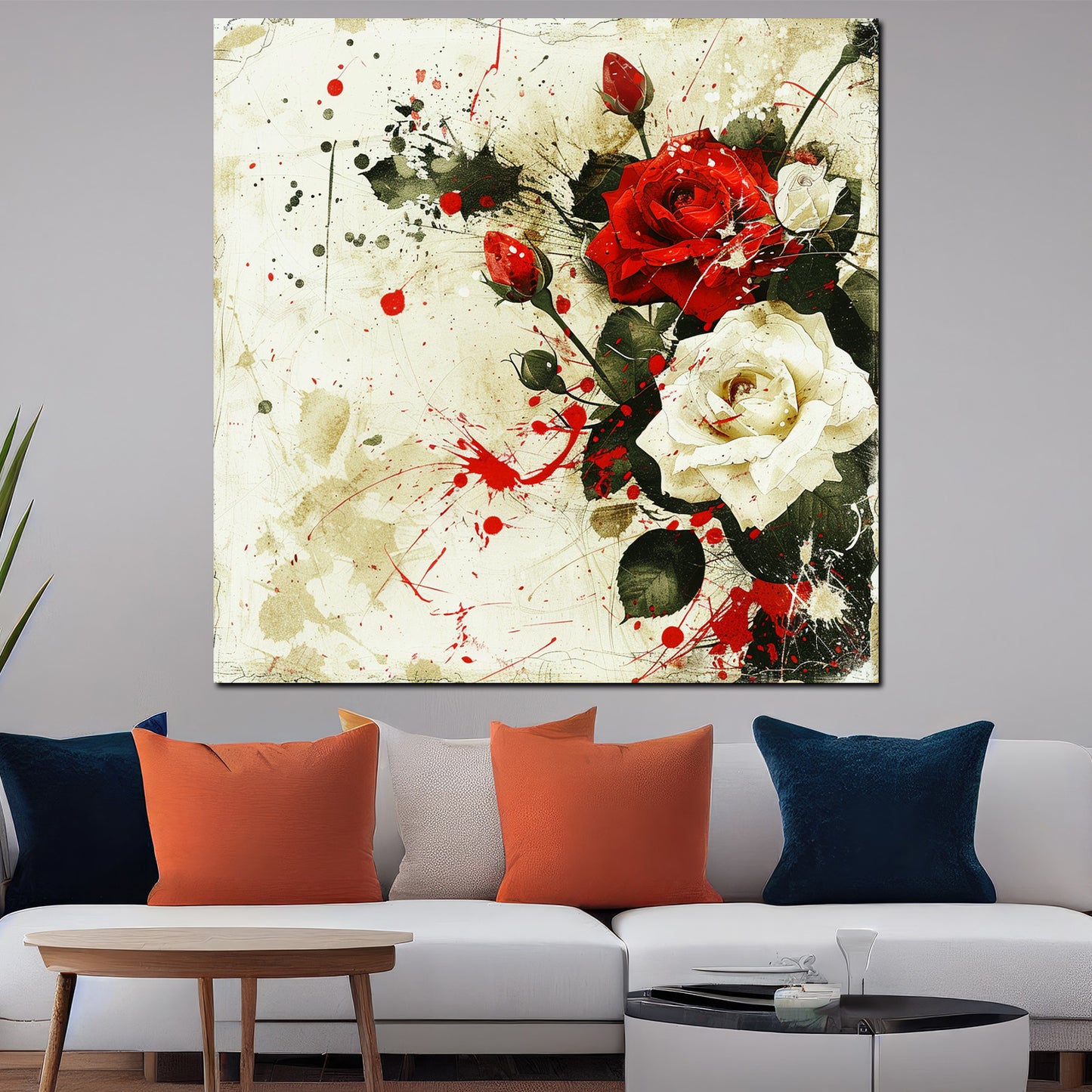 Wandbild Kunstwerk romantische Rosen mit abstrakter Kunst in Rot und Weiß