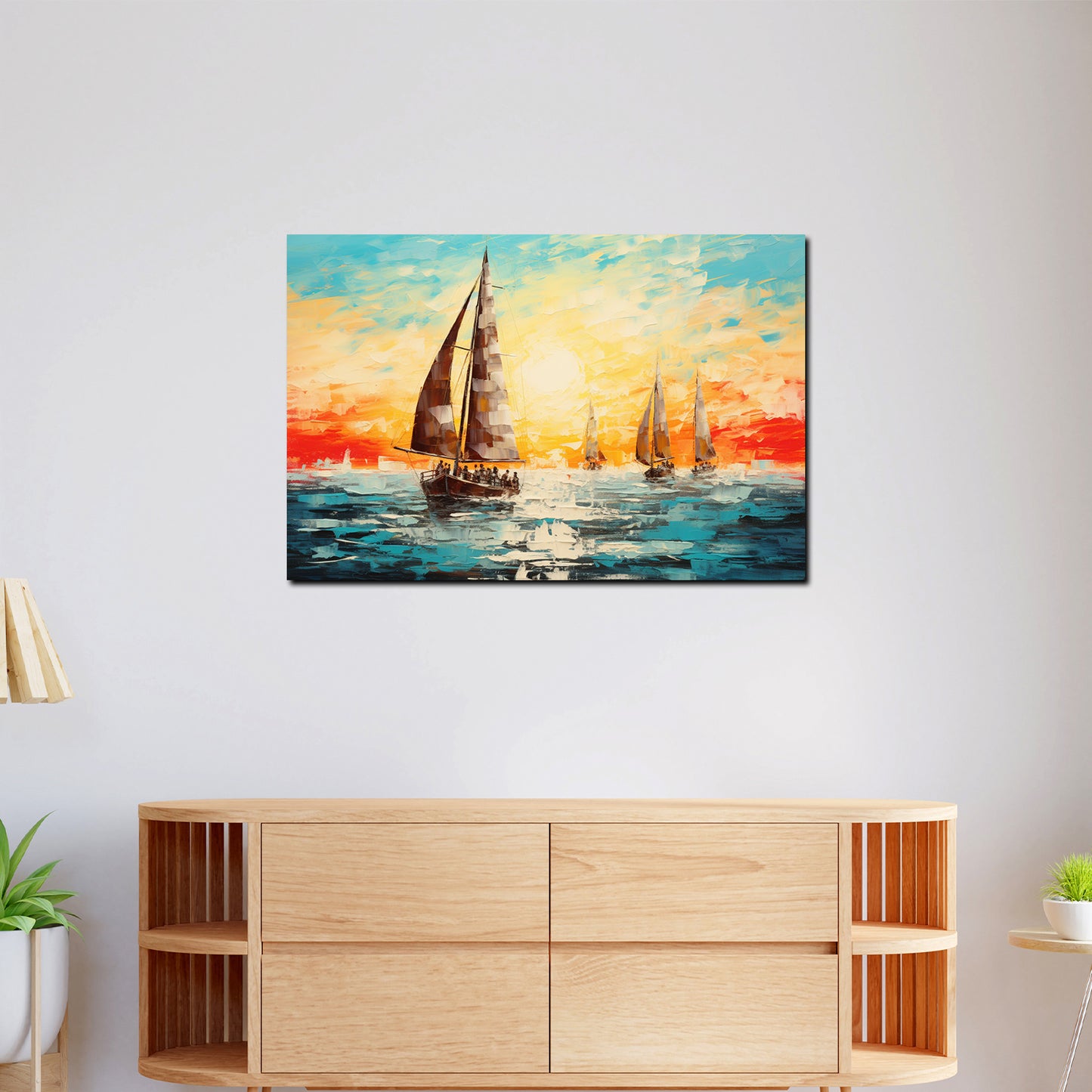 Wandbild Kunstwerk Segelschiffe im Sonnenuntergang