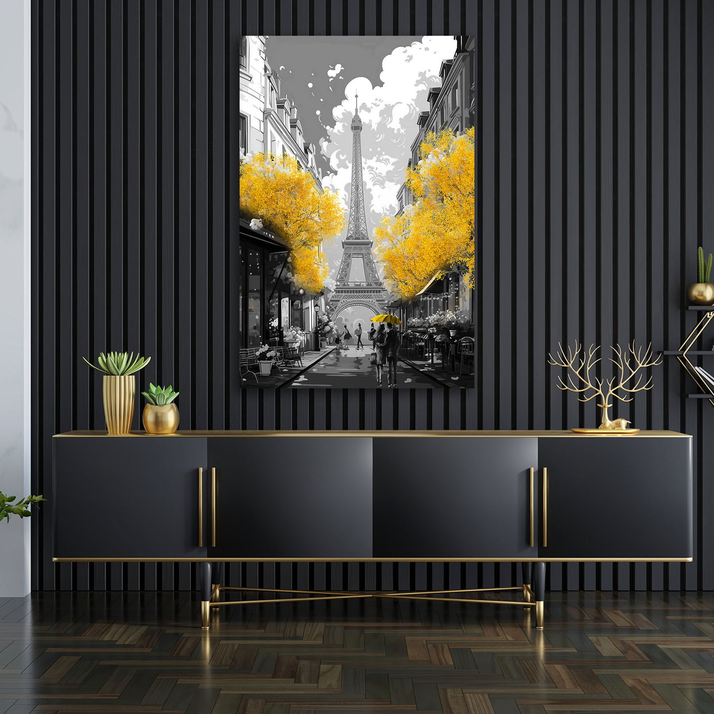 Wandbild Kunstwerk Stadt Paris mit goldenen Bäumen