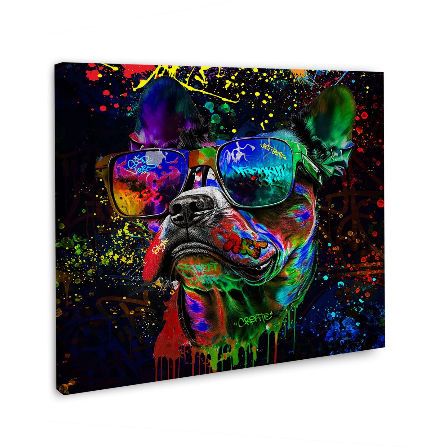 Wandbild Kunstwerk Street Art Hund mit Sonnenbrille Pop Art