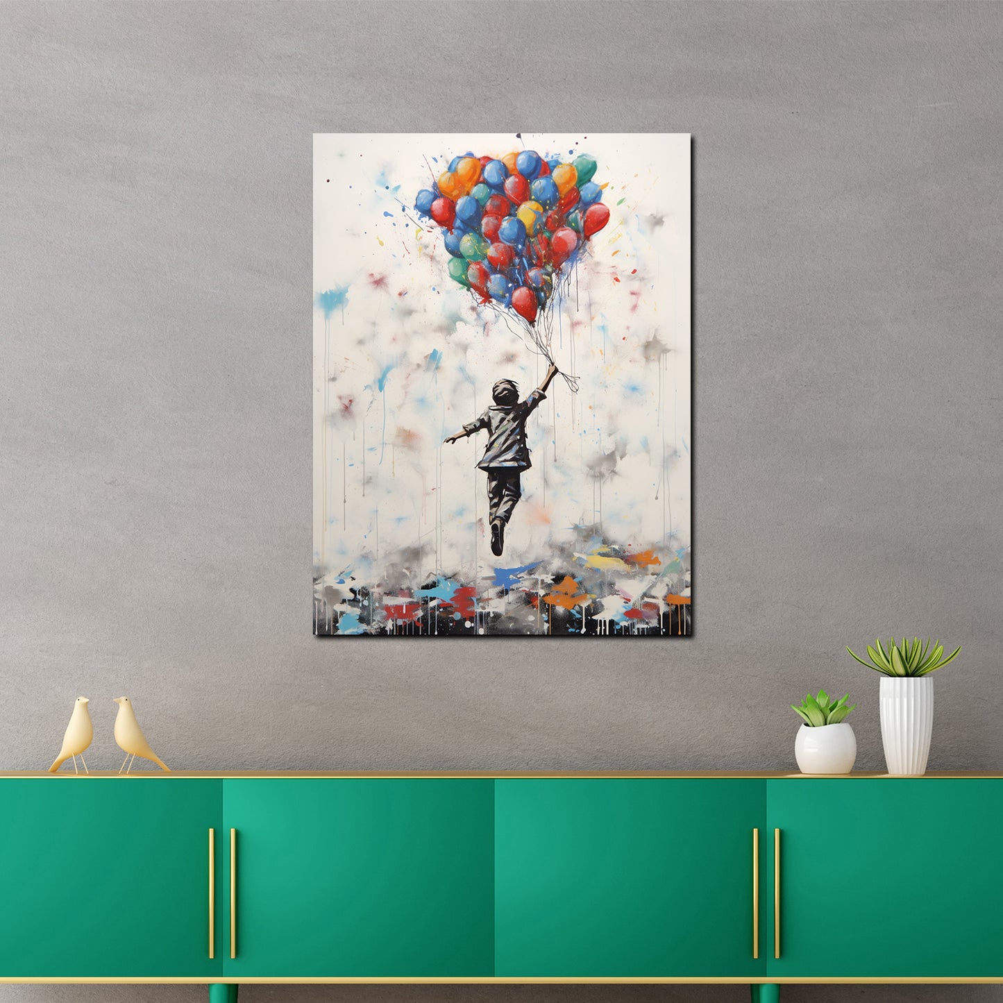 Wandbild Kunstwerk Street Art Junge abstrakt mit Luftballons