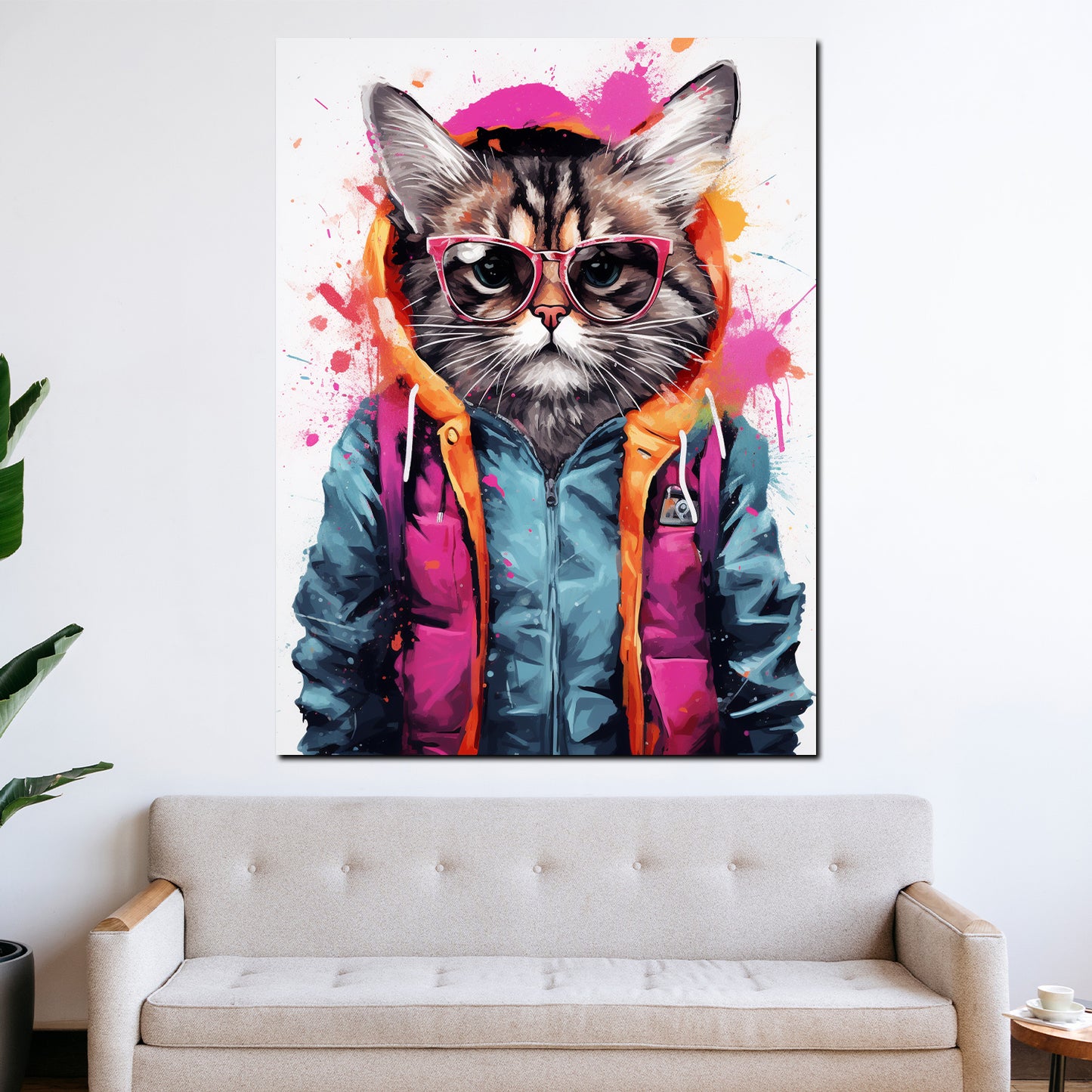 Wandbild Kunstwerk Street Art Katze im Hoodie mit Sonnenbrille