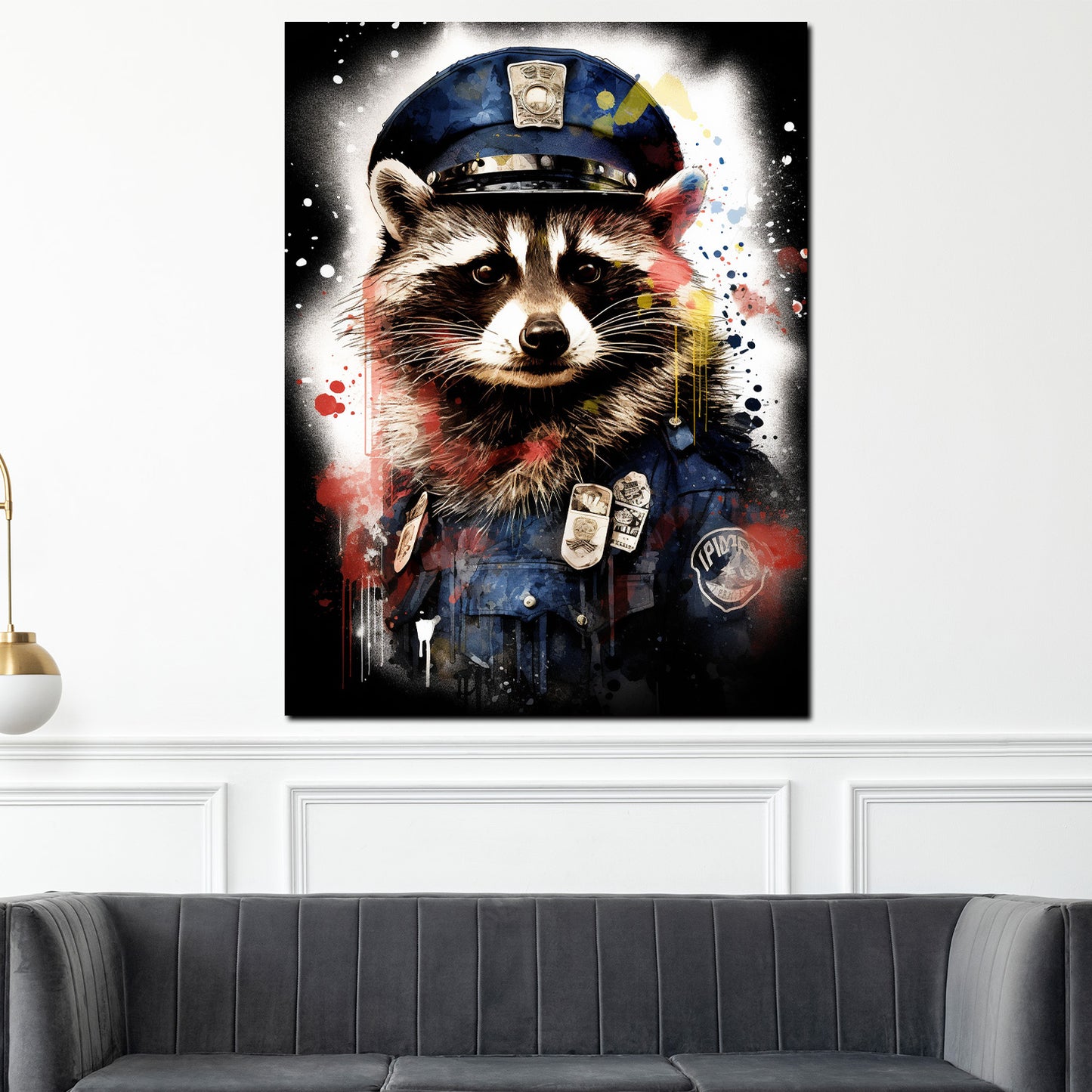 Wandbild Kunstwerk Street Art Waschbär in Polizeiuniform