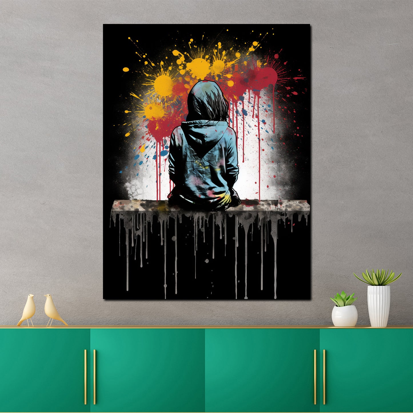 Wandbild Kunstwerk Street Art abstrakt Mädchen sitzend Splash