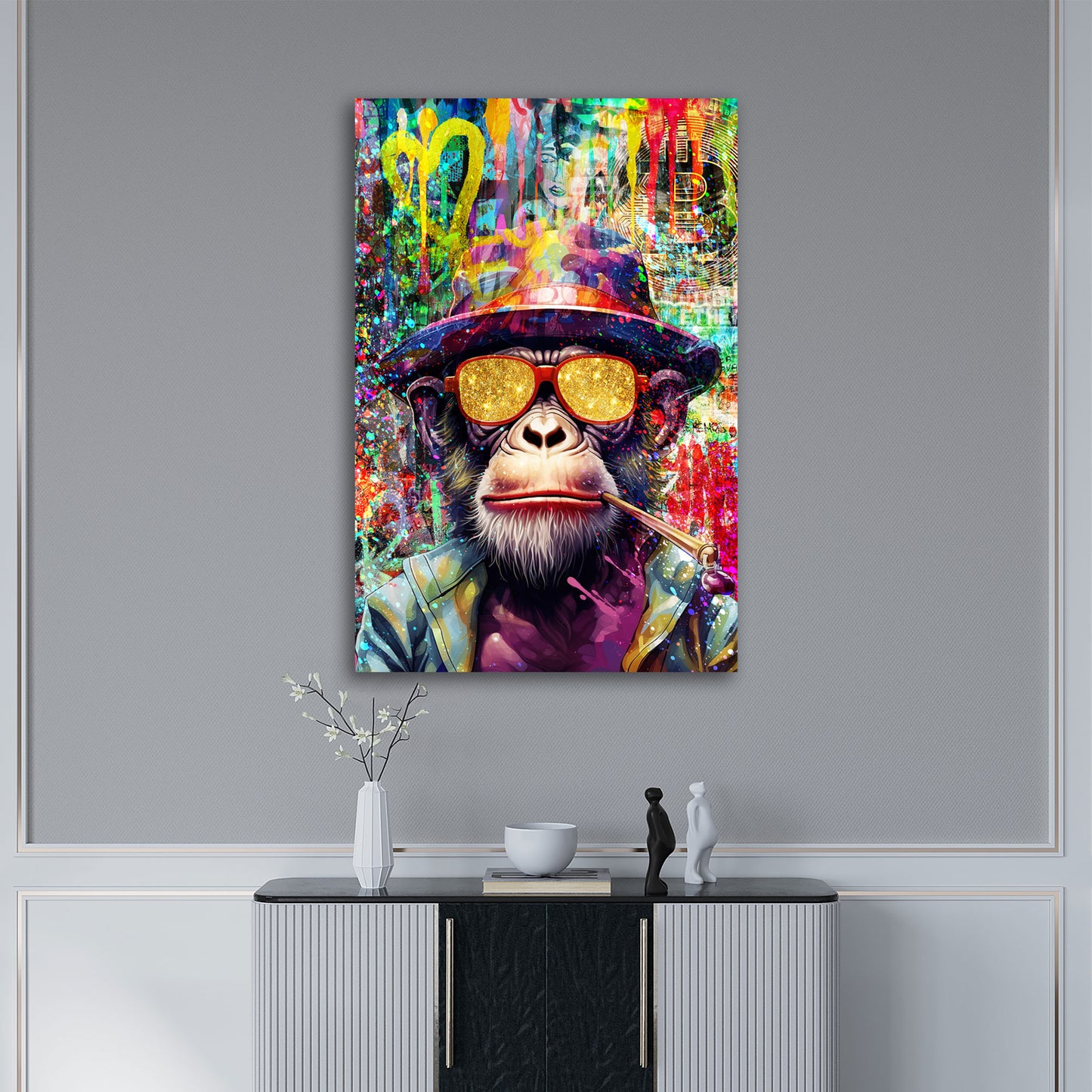 Wandbild Kunstwerk Street Art cooler Affe mit Hut und Sonnenbrille