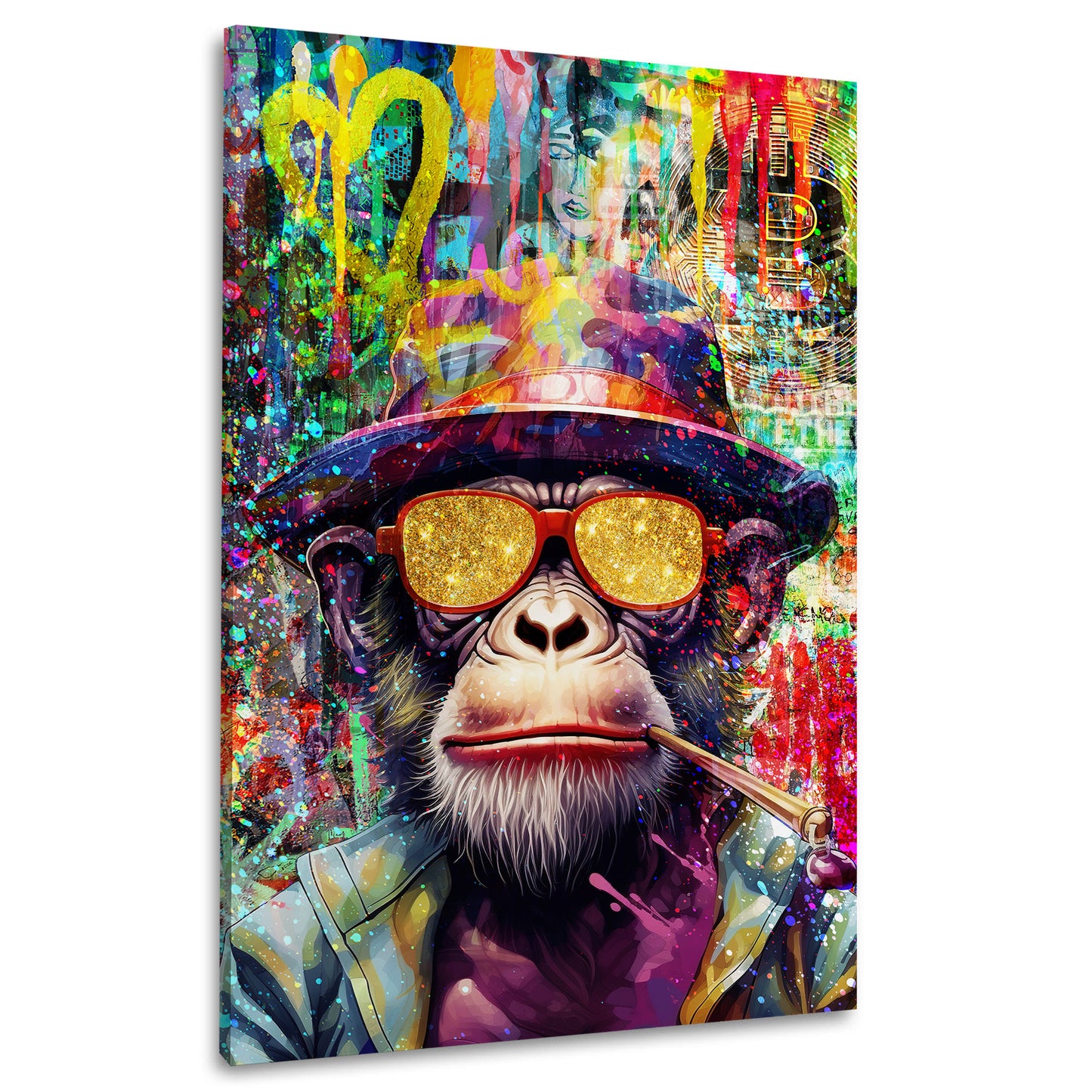 Wandbild Kunstwerk Street Art cooler Affe mit Hut und Sonnenbrille