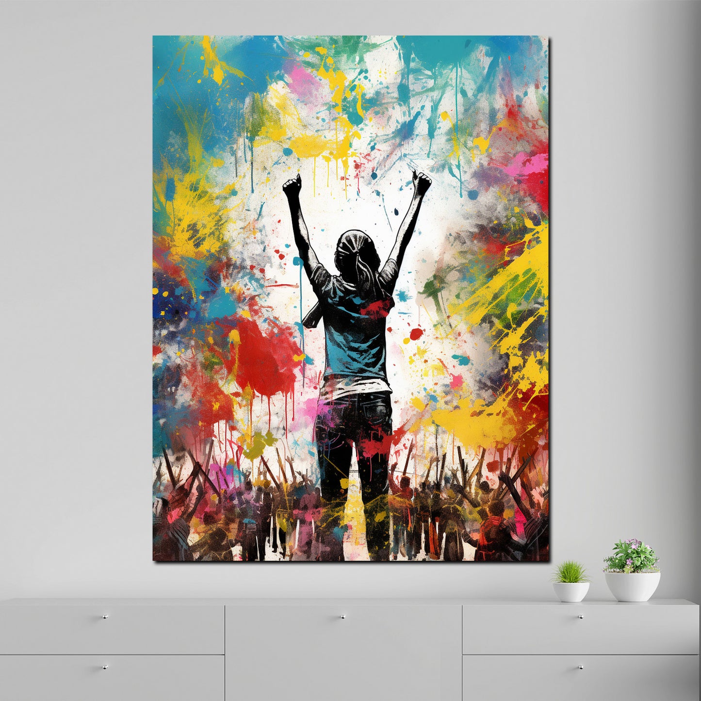 Wandbild Kunstwerk Street Art jubelnde Menschen Colour Splash