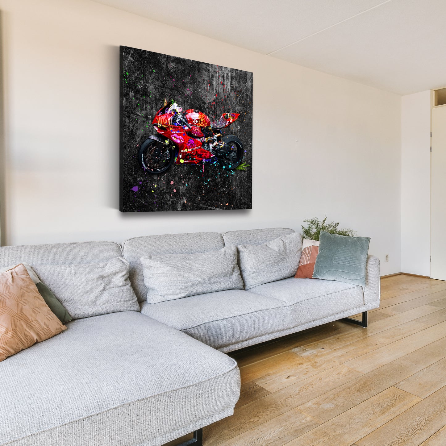 Wandbild Kunstwerk Street Art rotes Motorrad Colour Splash