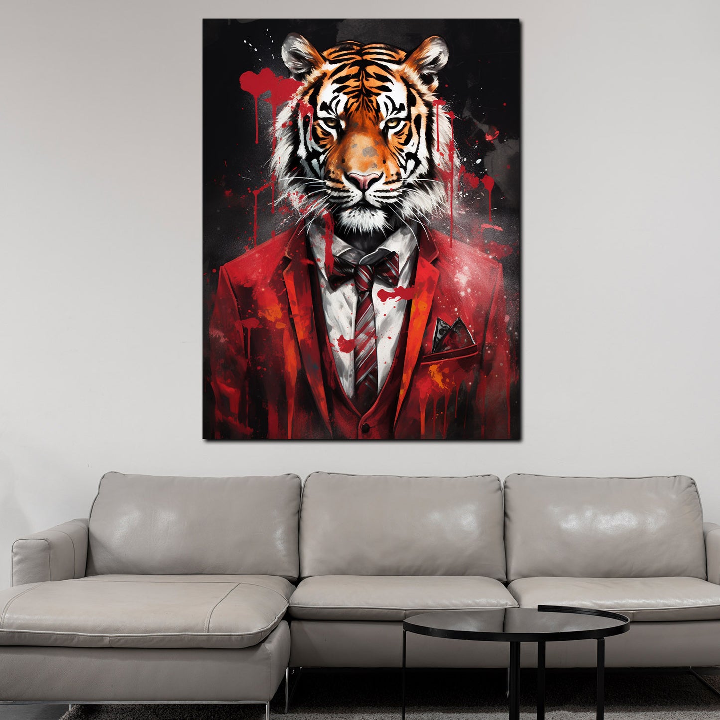 Wandbild Kunstwerk Tiger frontal im roten Anzug abstrakt Pop Art