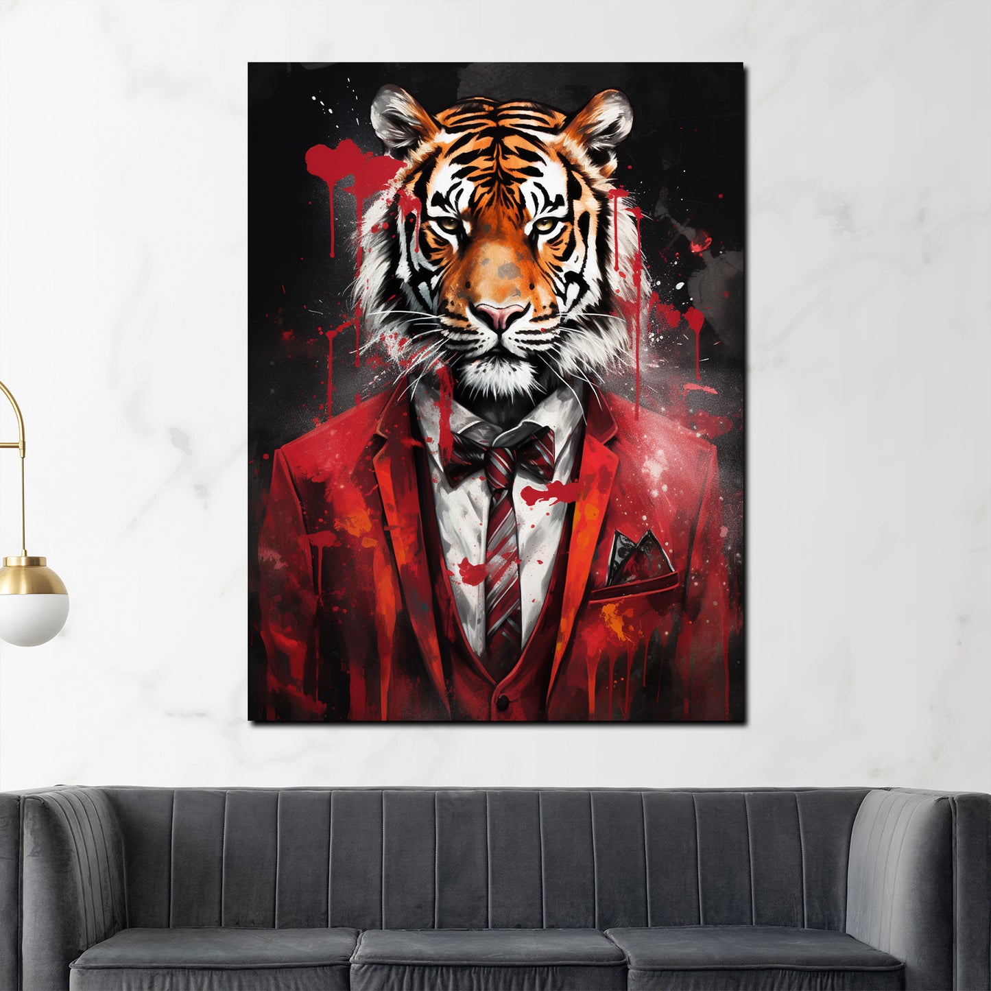 Wandbild Kunstwerk Tiger frontal im roten Anzug abstrakt Pop Art