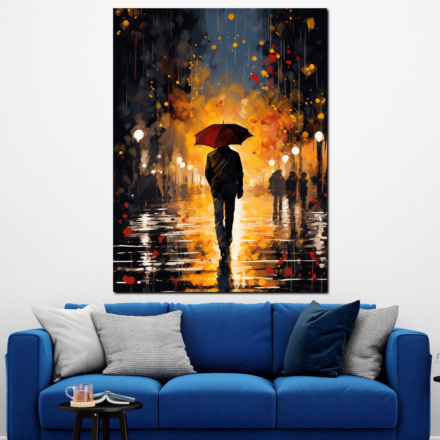 Wandbild Kunstwerk Walking Mann am Abend mit Regenschirm modern