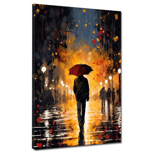 Wandbild Kunstwerk Walking Mann am Abend mit Regenschirm modern