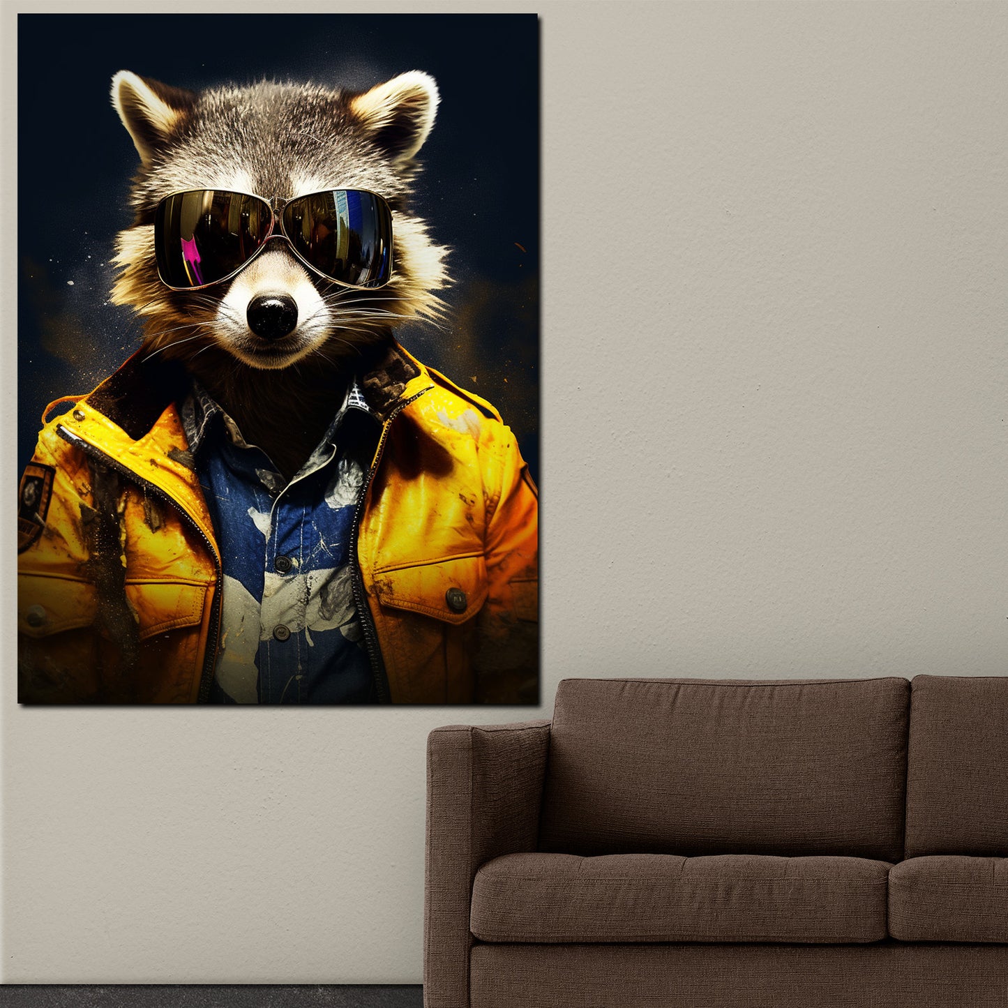 Wandbild Kunstwerk Waschbär mit gelber Jacke und Sonnenbrille