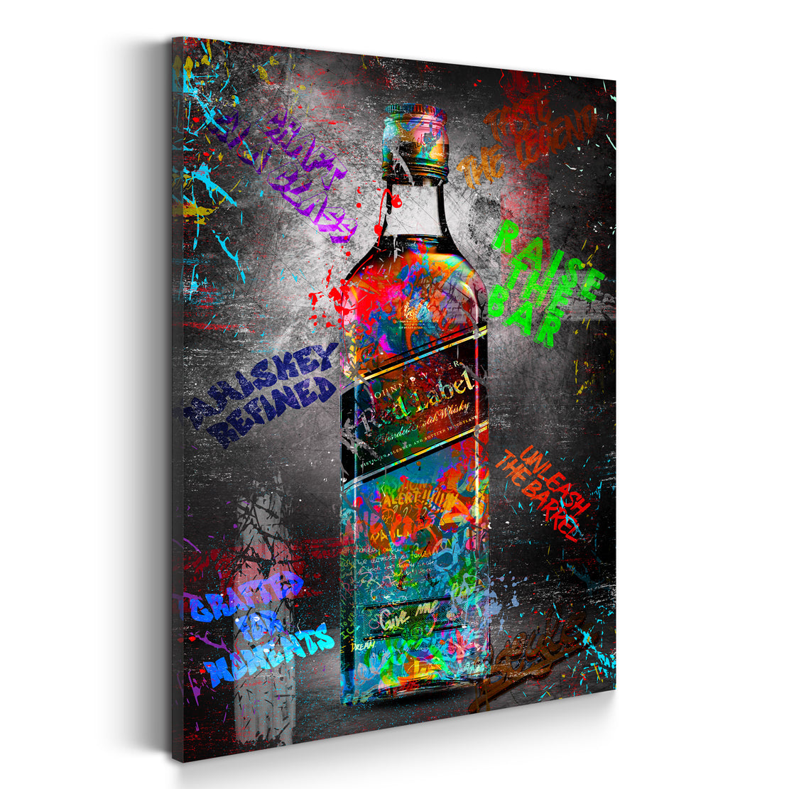 Wandbild Kunstwerk Whisky Flasche Street Art Stil mit kreativen Schriftzügen