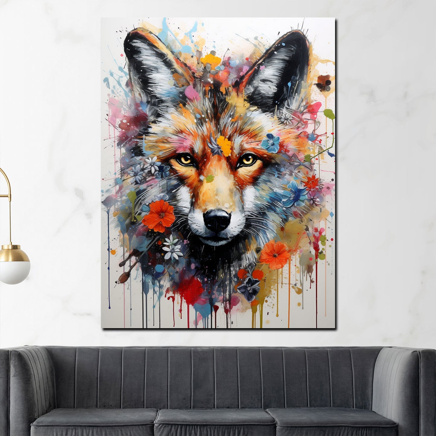 Wandbild Kunstwerk Wolf Pop Art abstrakt mit Blumen