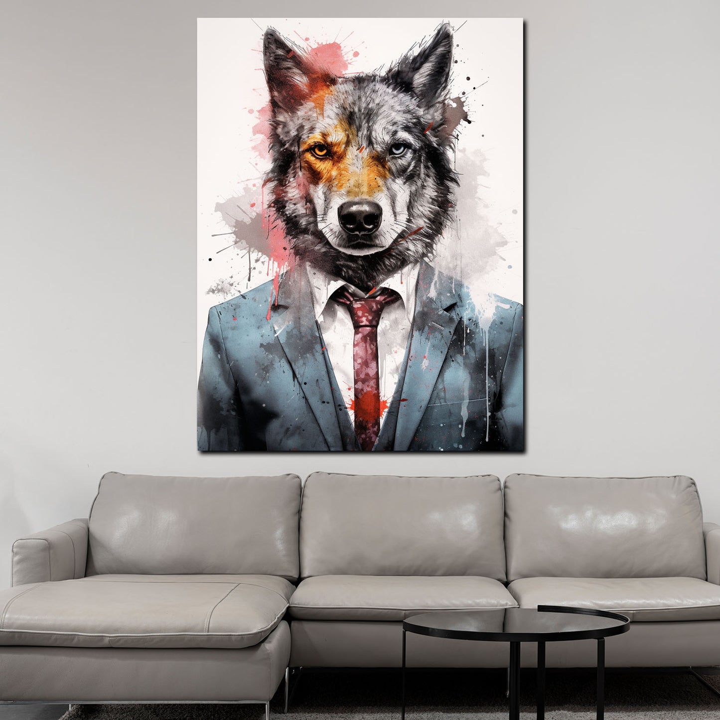 Wandbild Kunstwerk Wolfshund im Anzug, Pop Art