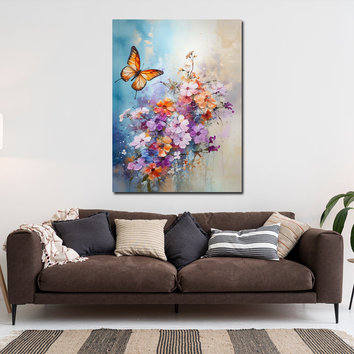 Wandbild Kunstwerk abstrakt Blumen mit Schmetterling