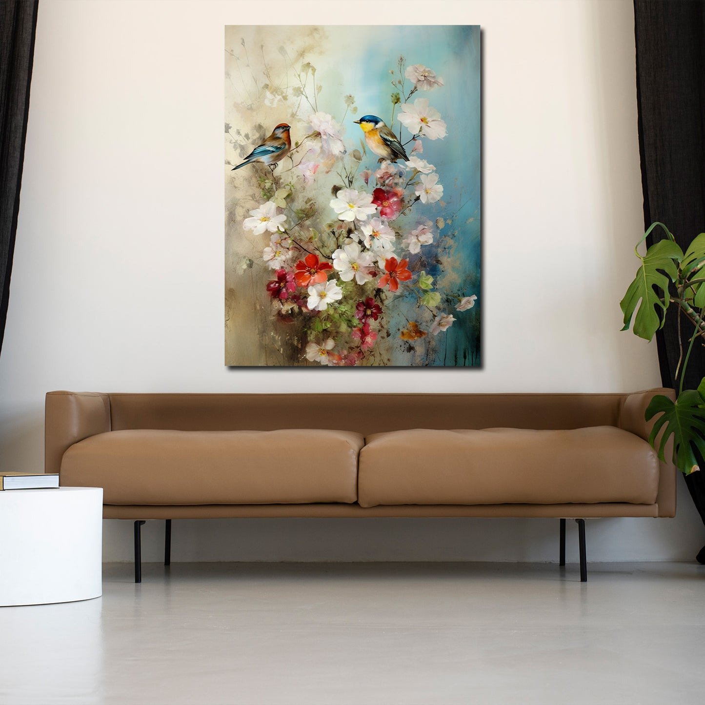 Wandbild Kunstwerk abstrakt Blumen mit Vögel