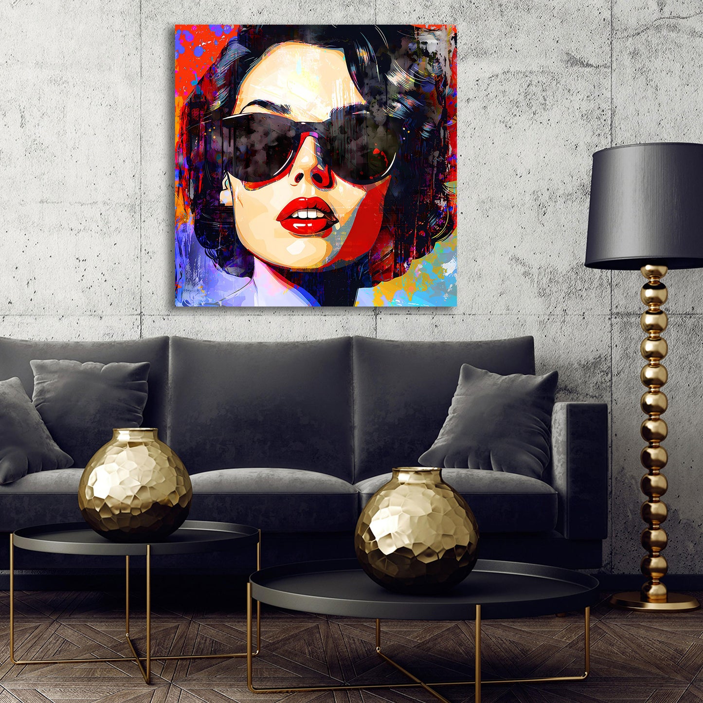 Wandbild Kunstwerk abstrakt Frauen Portrait mit Sonnenbrille Pop Art