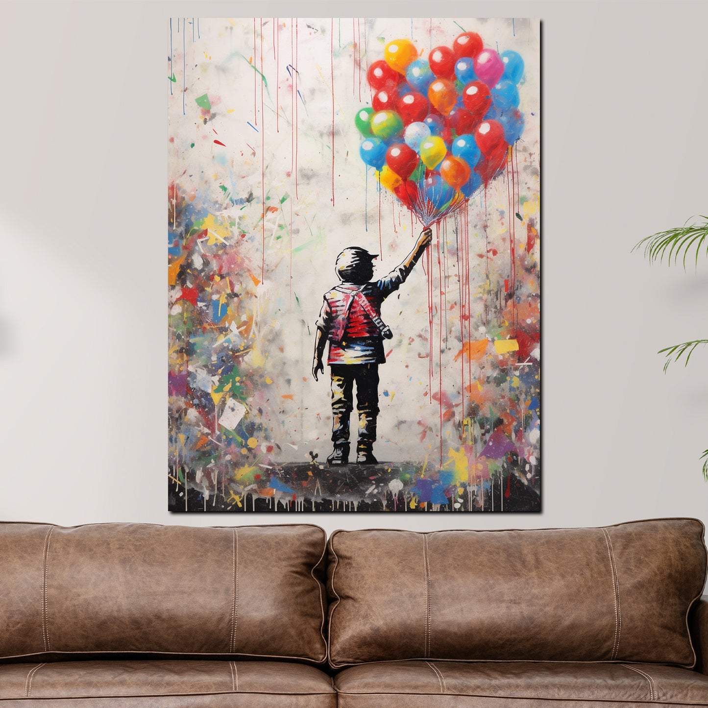 Wandbild Kunstwerk abstrakt Junge mit bunten Luftballons