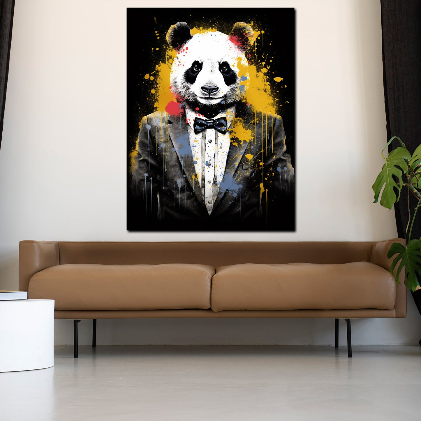 Wandbild Kunstwerk abstrakt Panda im Anzug Pop Art Splash