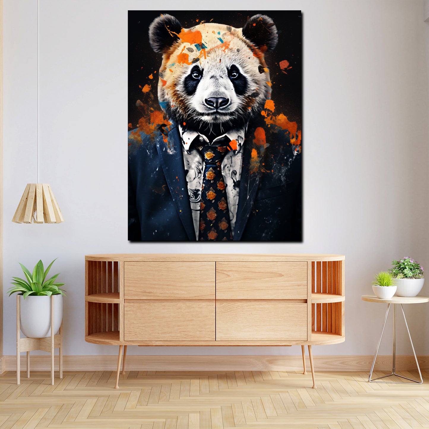 Wandbild Kunstwerk abstrakt Panda im blauen Anzug Pop Art Splash