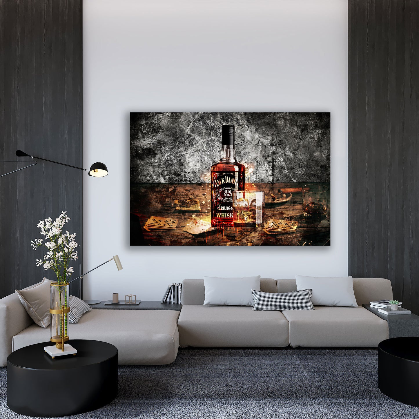 Wandbild Kunstwerk abstrakt Whiskey Flasche und Glas Jack