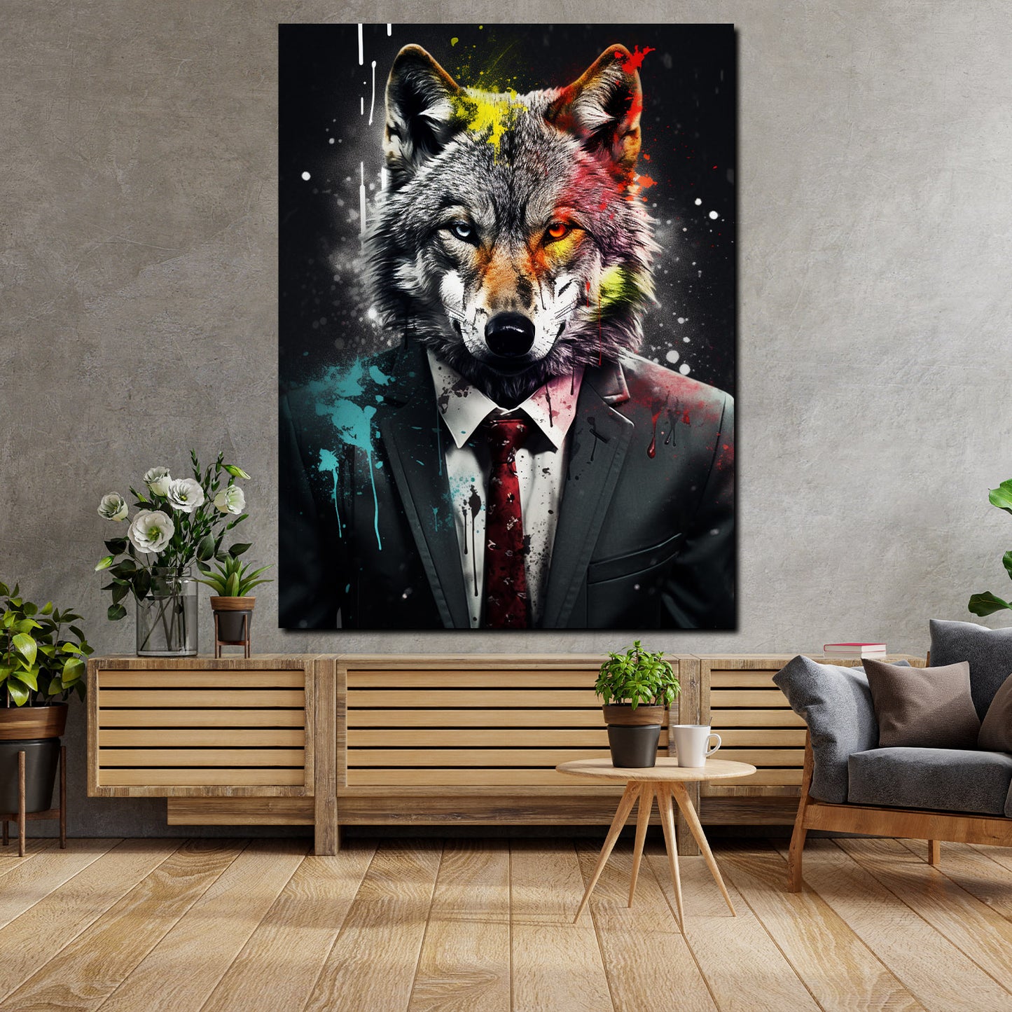 Wandbild Kunstwerk abstrakt Wolf im Anzug Pop Art Black Style