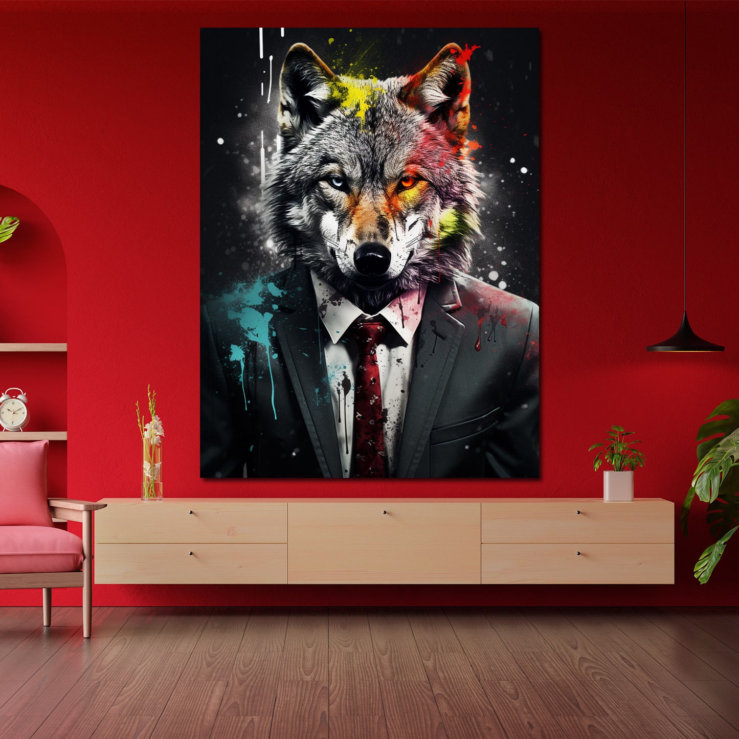 Wandbild Kunstwerk abstrakt Wolf im Anzug Pop Art Black Style