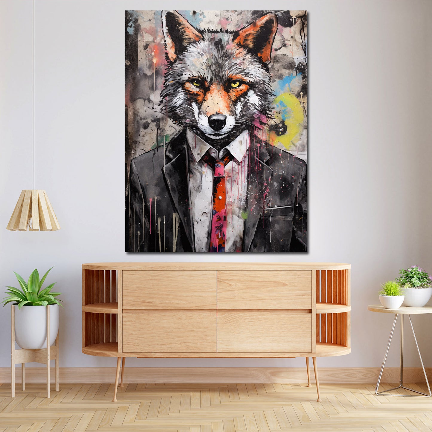 Wandbild Kunstwerk abstrakt Wolf im Anzug Pop Art Colour