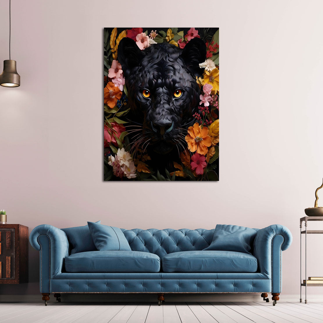 Wandbild Kunstwerk abstrakt mit schwarzer Panther und Blumen