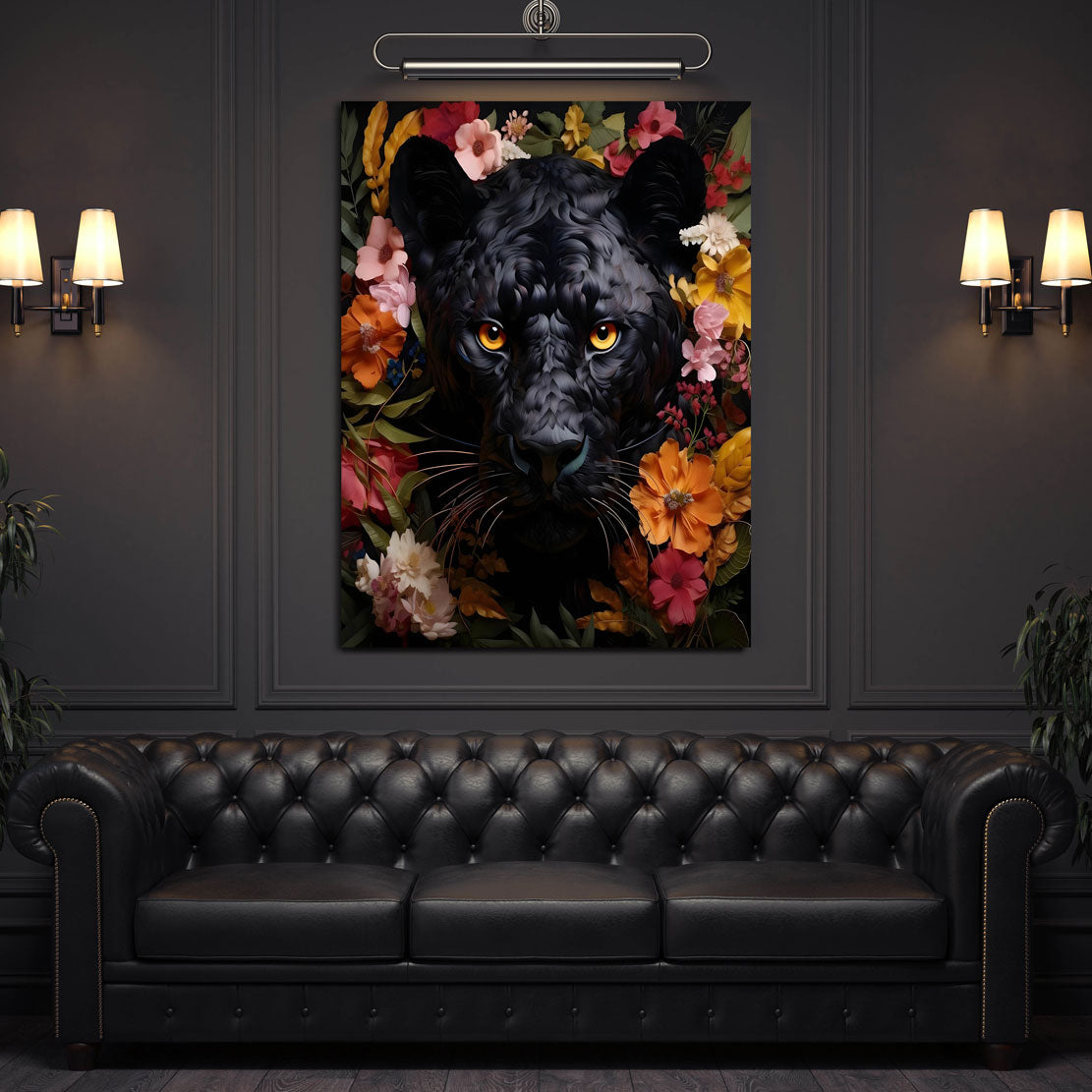 Wandbild Kunstwerk abstrakt mit schwarzer Panther und Blumen