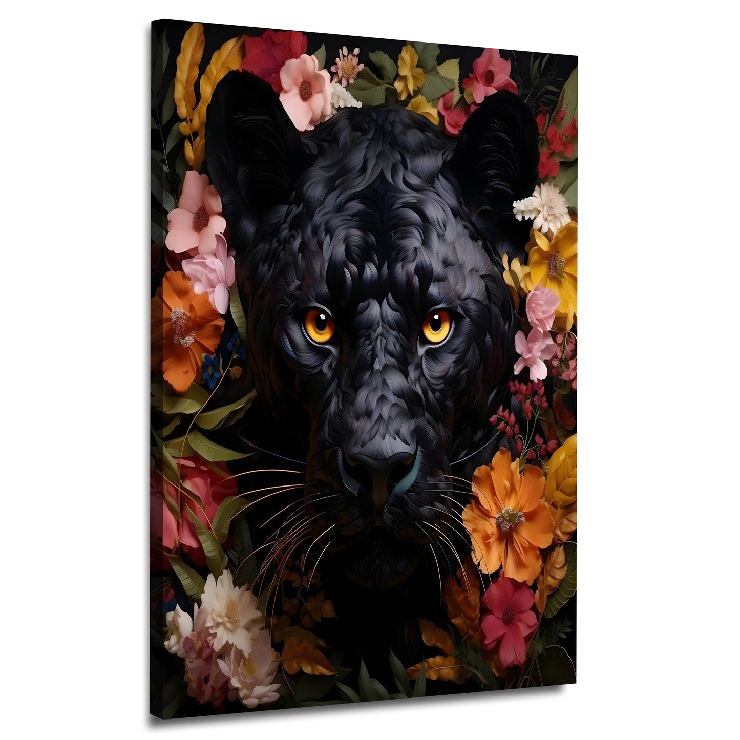 Wandbild Kunstwerk abstrakt mit schwarzer Panther und Blumen