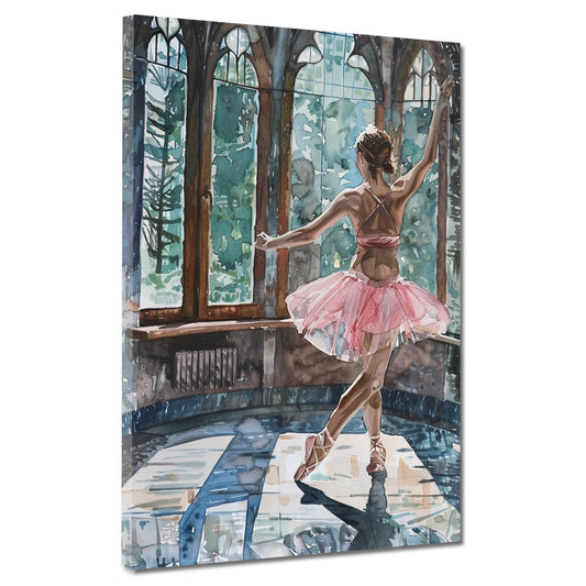 Wandbild Kunstwerk abstrakt tanzende Ballerina vor großen Fenstern