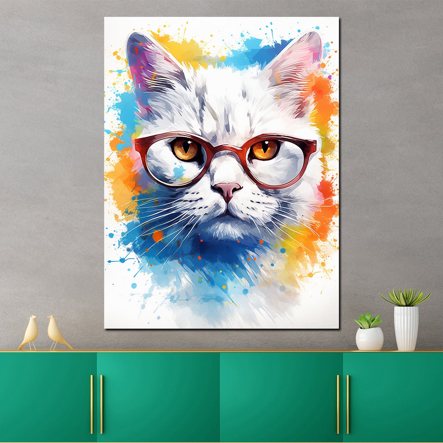 Wandbild Kunstwerk abstrakt weiße Katze mit Brille Pop Art