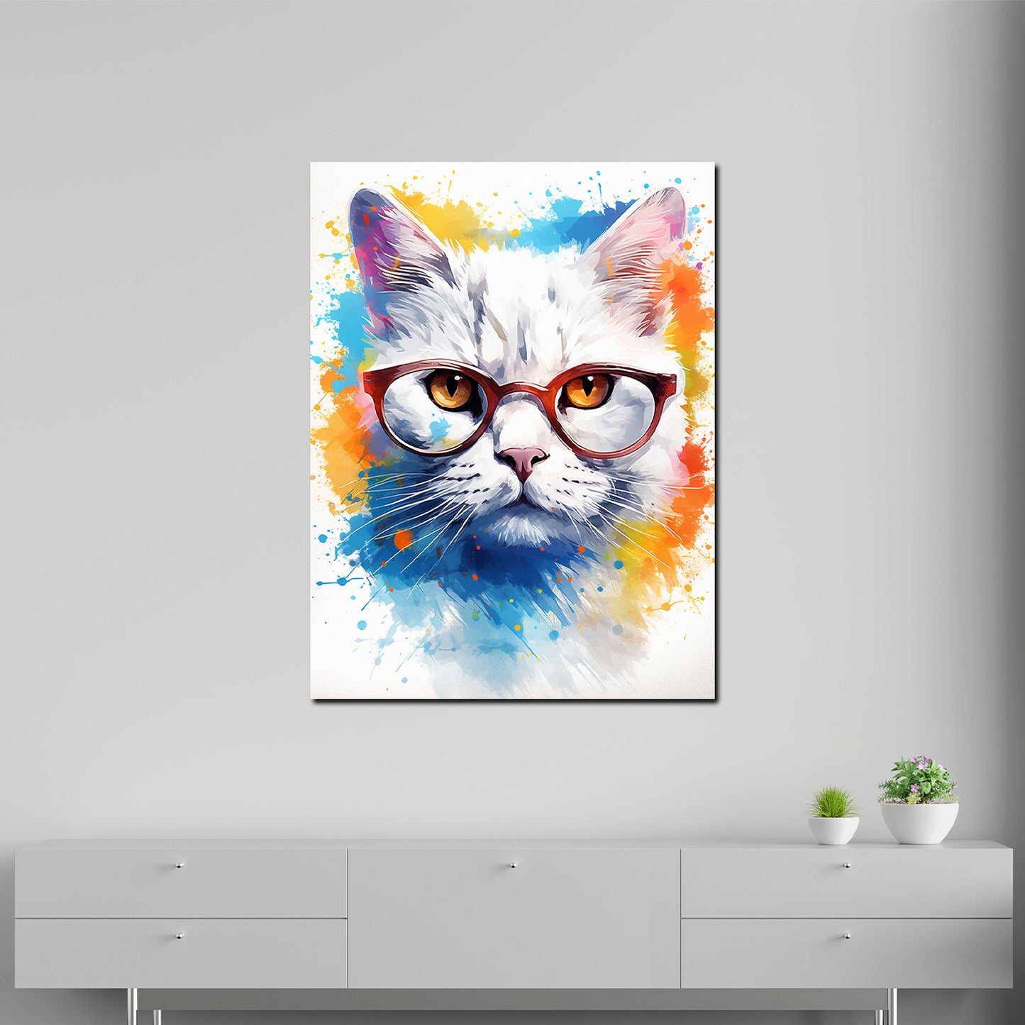 Wandbild Kunstwerk abstrakt weiße Katze mit Brille Pop Art