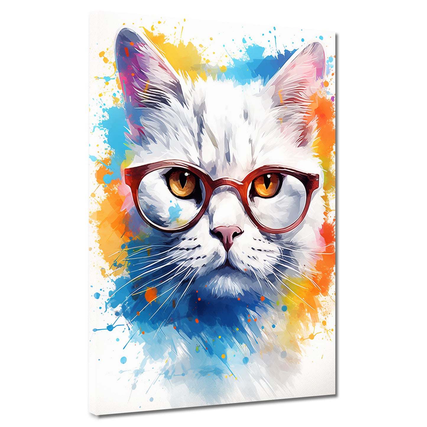 Wandbild Kunstwerk abstrakt weiße Katze mit Brille Pop Art