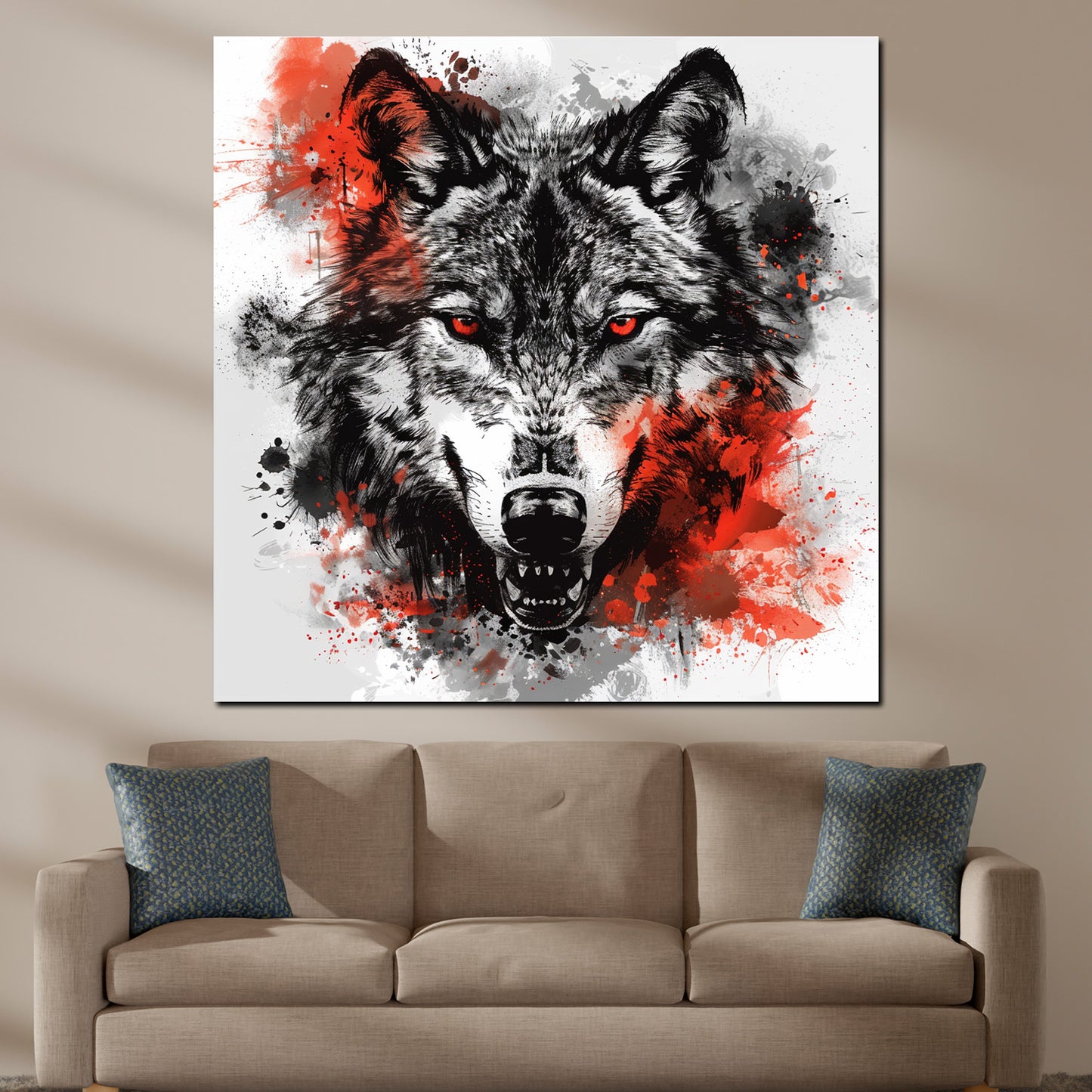 Wandbild Kunstwerk abstrakt wilder Wolf in rot und schwarz