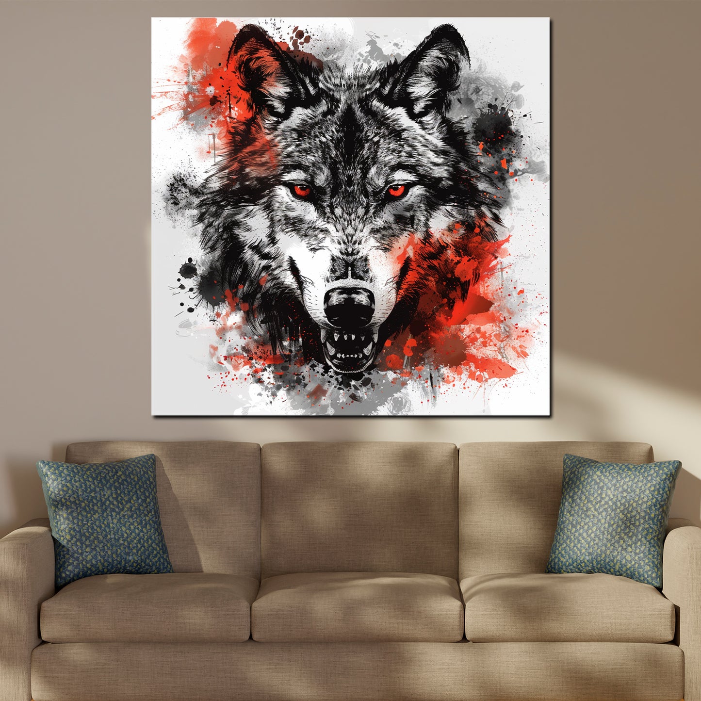 Wandbild Kunstwerk abstrakt wilder Wolf in rot und schwarz