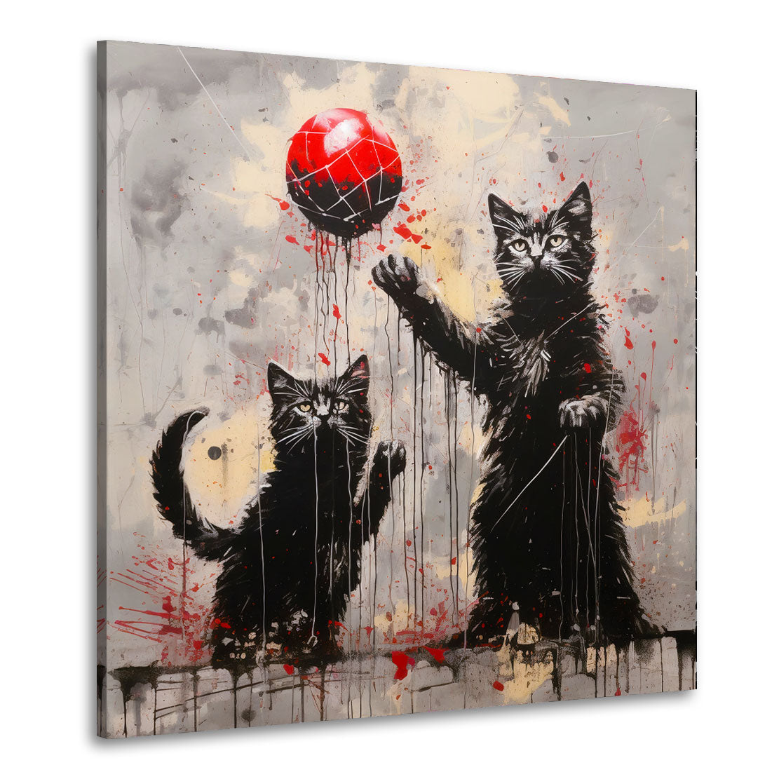 Wandbild Kunstwerk abstrakt zwei schwarze Katzen spielen mit rotem Ball