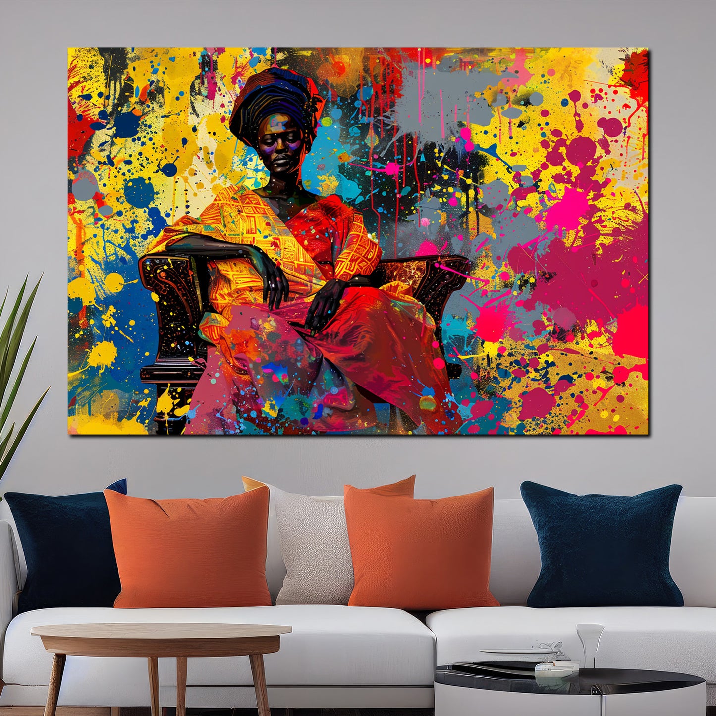 Wandbild Kunstwerk afrikanische Frau auf Sessel mit leuchtenden Farben Pop Art