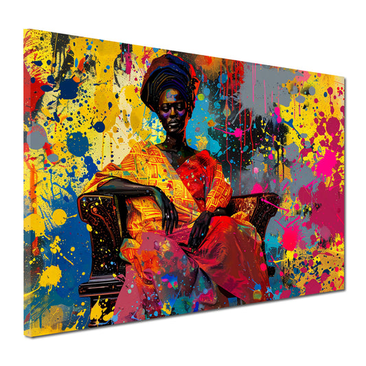 Wandbild Kunstwerk afrikanische Frau auf Sessel mit leuchtenden Farben Pop Art