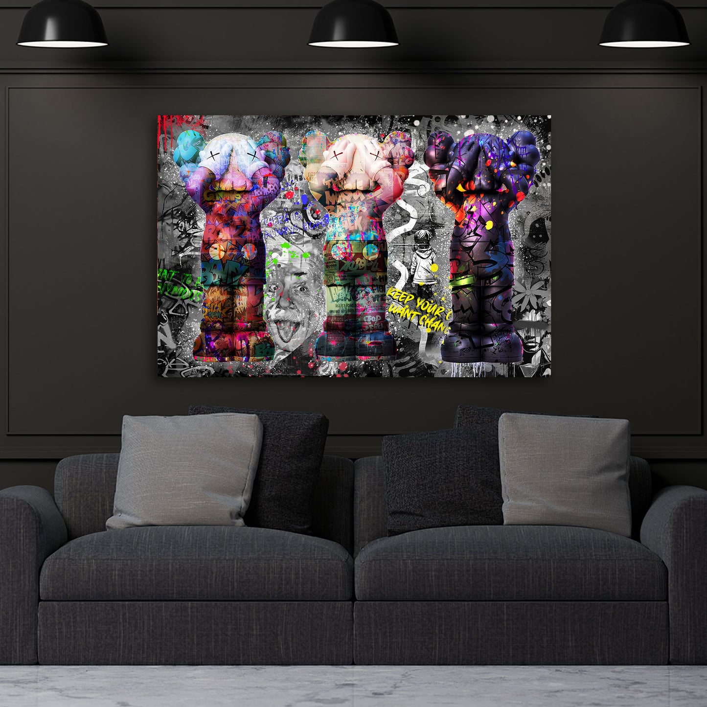 Wandbild Kunstwerk bunte Figuren im Graffiti Pop Art Stil