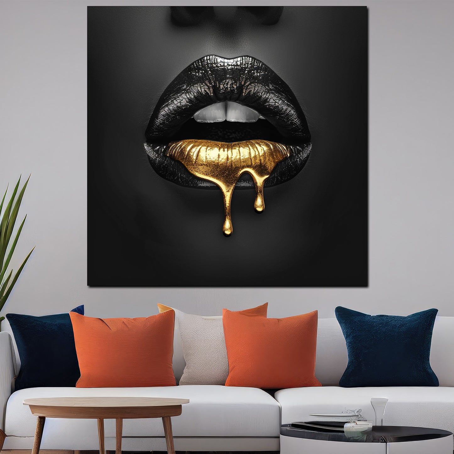 Wandbild Kunstwerk elegante Lippen in Gold