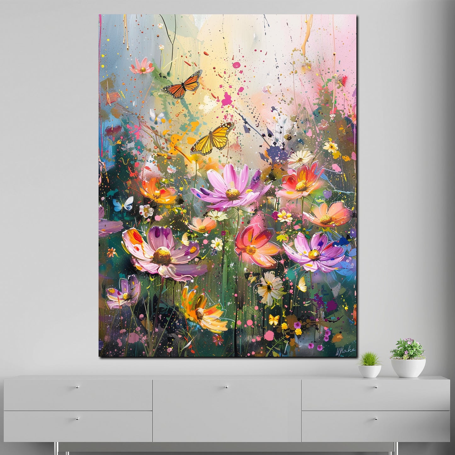 Wandbild Kunstwerk farbenfrohe Blumenwiese mit Schmetterlingen