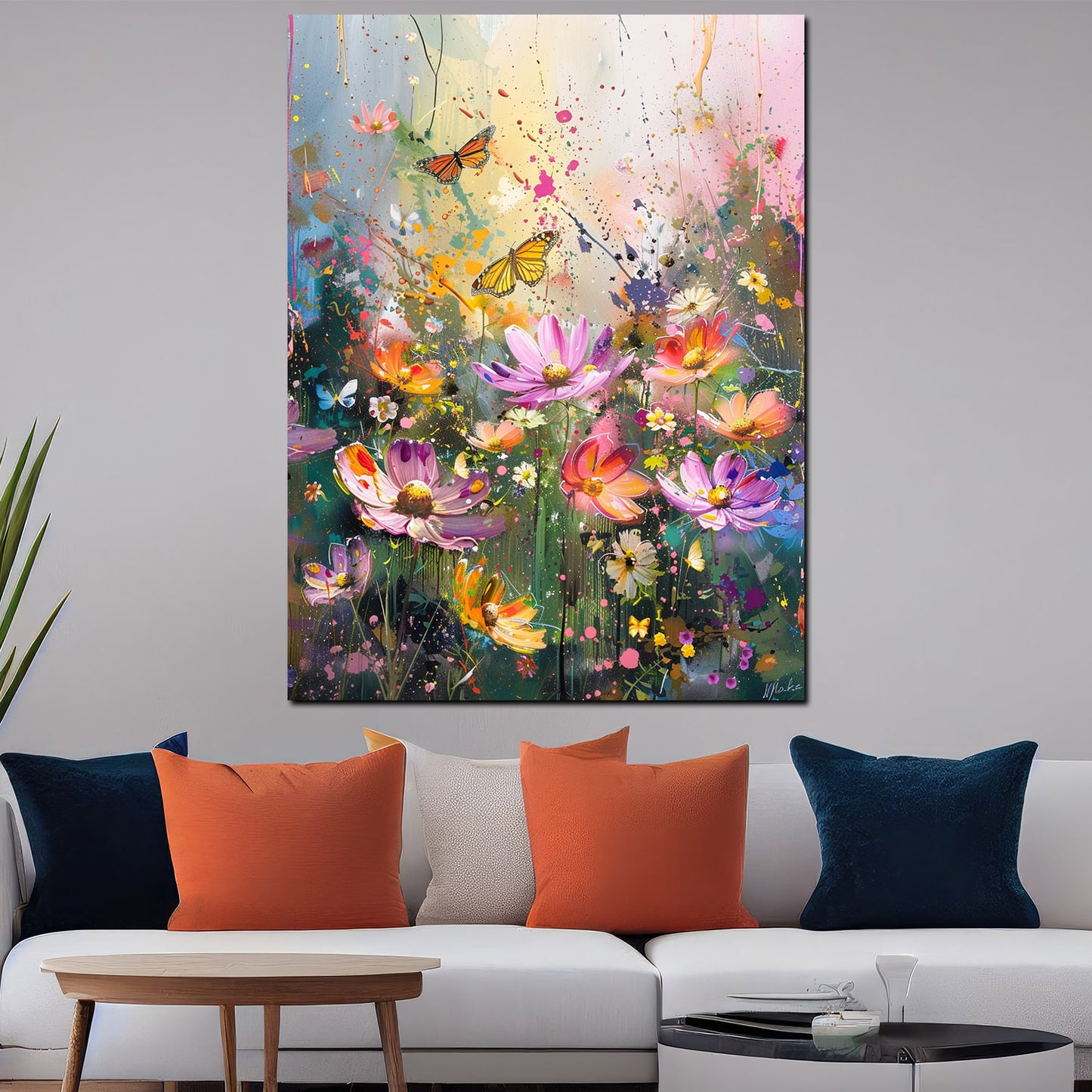 Wandbild Kunstwerk farbenfrohe Blumenwiese mit Schmetterlingen