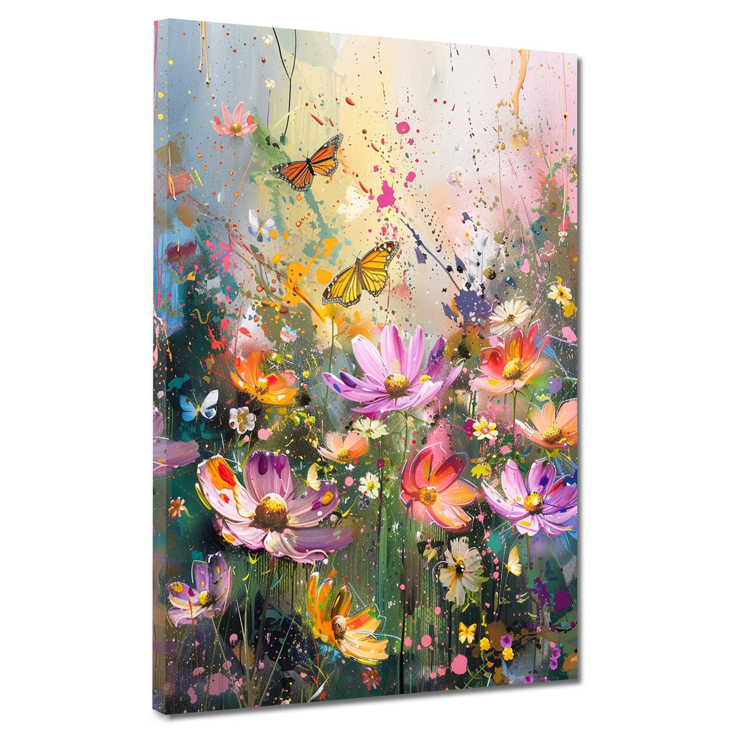 Wandbild Kunstwerk farbenfrohe Blumenwiese mit Schmetterlingen