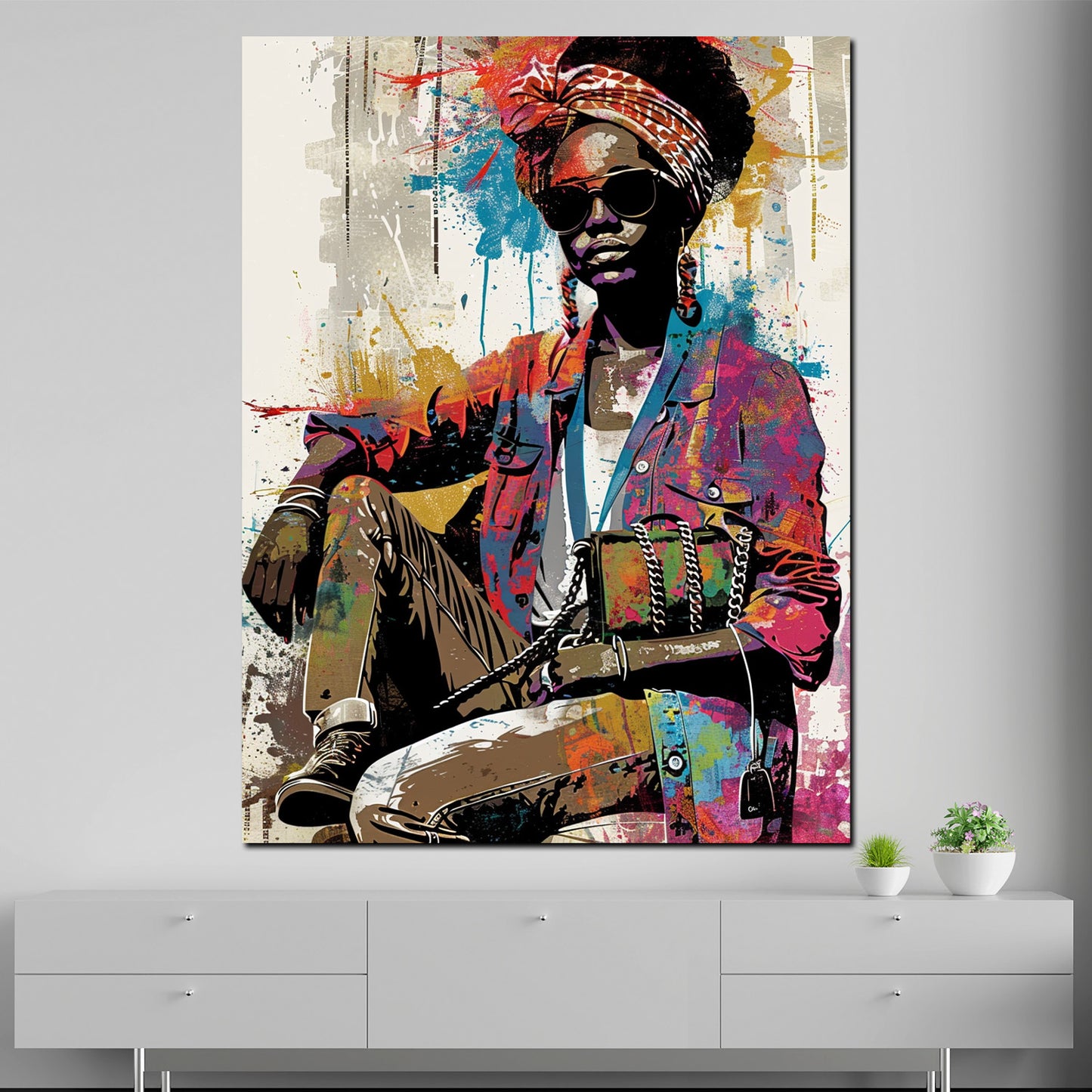 Wandbild Kunstwerk farbenfrohe afrikanische Frau Street Art Design